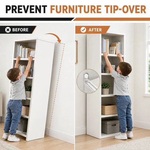 Boss Level 12 Pack Steel Furniture Anchors To Lock Down Anti Tip Wall Brackets For Dressers Cabinets Bookshelves TV Stands With Quick Install And Rock Solid Stability For Safe Living Spaces, child reaching for books on unsecured bookshelf.
