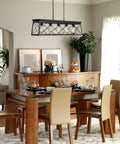 Five Light Dining Room Chandelier In Black And Brush Gold Finish, modern linear ceiling light over dining table with decor