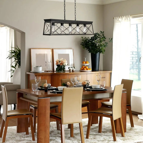 Five Light Dining Room Chandelier In Black And Brush Gold Finish, modern linear ceiling light over dining table with decor