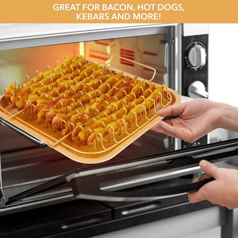 Air Fryer Crisping Basket And Tray Set With Nonstick Grease Catcher For Even Cooking Healthier Frying Includes Hot Dog Sausage Bacon Rack Perfect For Quick Meals Copper Finish 9 By 10 Inches in use showing bacon cooking evenly
