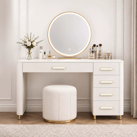 Vanity with 4 Pack Gold Cabinet Pulls With Pearl Inlay And Brushed Brass Base, Three And Three Quarters Inch Center, Solid Zinc Alloy Drawer Handles