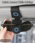 Slick Magnetic Leather Sunglass Holder For Cars That Snaps Right Onto Your Visor To Securely Stow Multiple Pairs Of Shades And Specs Without Causing Any Scratches On Your Daily Ride attached to car visor with sunglasses.