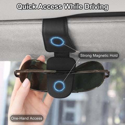 Slick Magnetic Leather Sunglass Holder For Cars That Snaps Right Onto Your Visor To Securely Stow Multiple Pairs Of Shades And Specs Without Causing Any Scratches On Your Daily Ride attached to car visor with sunglasses.