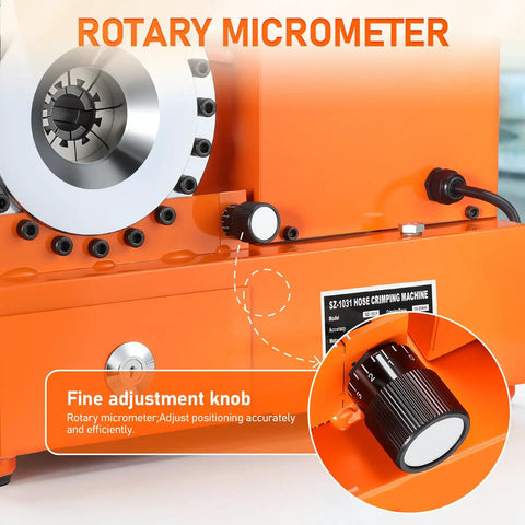 Close-up of the rotary micrometer and fine adjustment knob on the 110V Electric Hydraulic Hose Crimping Machine With 8 Dies For 3/8 To 1-1/4 Inch Auto Ac Steering And Fuel Lines 0.6L Min Portable Pipe Fitting Tool For Shop Garage Work 101lbs Weight.