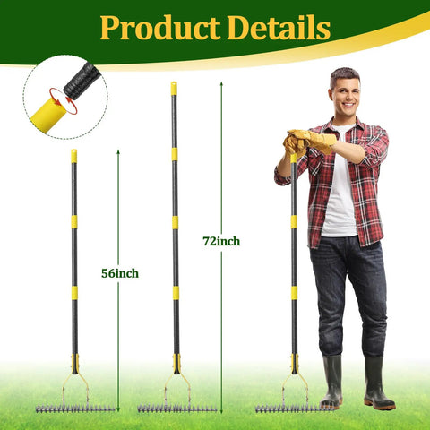Man holding 19 Tine Cold Pressed Steel Dethatcher Rake With 72 Inch Adjustable Handle And Ergonomic Grip for lawn care.