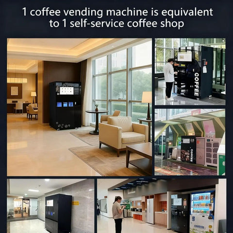 Hotel Coffee Vending Station With Bean To Cup Brew 10.1 Inch Touch Screen Fresh Milk Frother Self Service Kiosk in a lobby