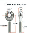 Heavy Duty Rod End Bearing Heim Joints With 1/2-20 Right Hand Male Thread And Jam Nuts, Two Pack, 1/2 Inch, Forged Carbon Steel Body, Hardened Bearing Steel Ball, PTFE Lined Outer Ring For Smooth, Durable Performance. Dimensions view