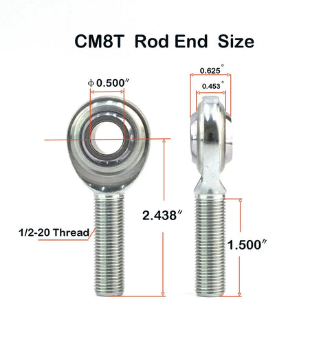 Heavy Duty Rod End Bearing Heim Joints With 1/2-20 Right Hand Male Thread And Jam Nuts, Two Pack, 1/2 Inch, Forged Carbon Steel Body, Hardened Bearing Steel Ball, PTFE Lined Outer Ring For Smooth, Durable Performance. Dimensions view