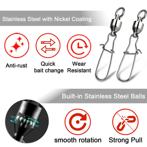 Duo Lock Ball Bearing Snap Swivels For Fishing Lures And Tackle, Easy Open Barrel Swivels For Quick Lure Swaps And Heavy Duty Saltwater Snaps That Handle Big Fish And Rough Tides. Stainless steel nickel-coated snap swivels with ball bearings