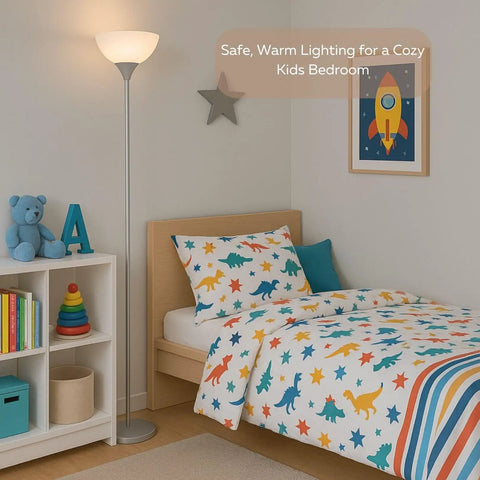 Dope Silver Torchiere Floor Lamp With White Opal Shade Modern Standing Fixture next to kids' bed and colorful bedding