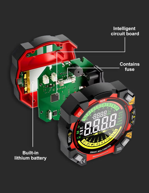 Internal view of Go To Portable Digital Multimeter Tester with 6000 Counts VA Display, showing circuit board and components.