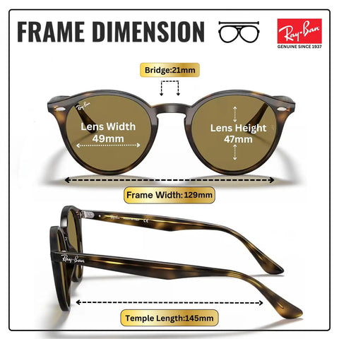 Round Shape Non Polarized Sunglasses For Men And Women With Dark Brown Lens Includes Official Eyewear Kit Great For Formal And Casual Wear Durable Frame And All Day Comfort Everyday Ready. Frame dimension annotated image showing lens width and height.