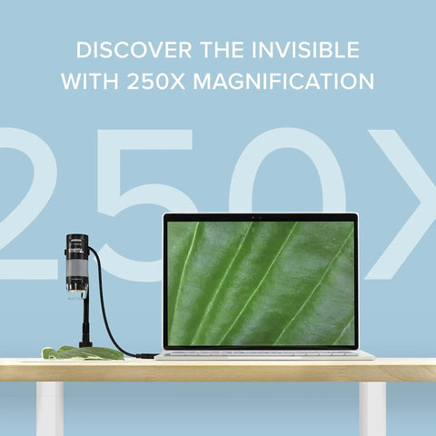 250x USB Digital Microscope With Flexible Arm Stand, 2MP Micro Camera, Handheld USB And USB C, Compatible With Windows Mac ChromeOS Linux Android iPad, Ideal For Electronics Soldering And Coin Microinspections, shown with laptop screen