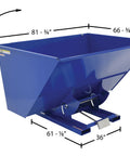 Built Like A Tank Steel Self Dumping Hopper With 6000 Lb Capacity And Three Cubic Yards For Loading Dry Bulk Materials Forklift Compatible blue bin with dimensions.
