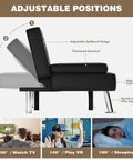 Side view of Ultra Comfy Leather Look Futon Sofa Bed with adjustable positions showing recliner angles and modern chrome legs.