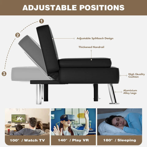 Side view of Ultra Comfy Leather Look Futon Sofa Bed with adjustable positions showing recliner angles and modern chrome legs.