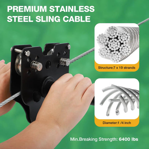 Hands holding 300 Ft Zip Line Kit Go To Backyard And Outdoor Play For Kids And Adults Up To 400 Lbs With Quick Tighten System