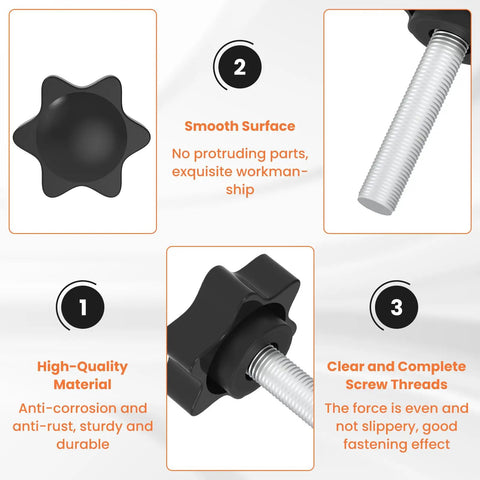 Top Shelf 4 Pack M8 X 40mm Knurled Thumb Screws With Smooth Grip Handles showing smooth black handles and threaded steel shafts.