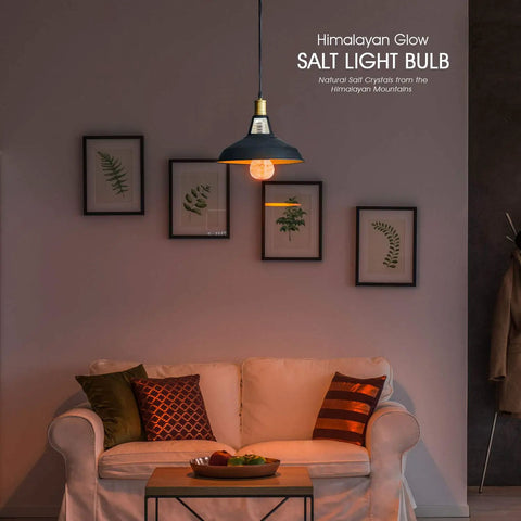 Living room with Salt Lamp Inspired LED Bulb With Lit Warm Amber Glow, 60W Equivalent Dimmable A19 Edison Bulb hanging overhead