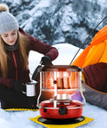 Indoor And Outdoor Kerosene Heater With Radiant Heat Portable Non Electric 9000 BTU Stove For Camping And Hunting Dual Purpose Cooktop And Heater Red For Home Or Outdoors in use during winter camping