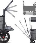 Side view of grey All Terrain Collapsible Wagon Cart With Canopy And Two Seats For Camping, Garden, And Shopping, steel frame, wheels
