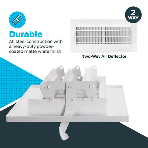 Two Way Air Vent Cover For 10 By 4 Inch Duct Opening In Wall Or Ceiling Mount Solid Steel HVAC Register Cover With Five Adjustable Dampers And Eighteen Louvers White Easy Install