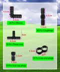 Drip Irrigation Fittings Kit For Half Inch Tubing Includes 20 Elbows, 30 Couplings, 10 End Cap Plugs with measurements