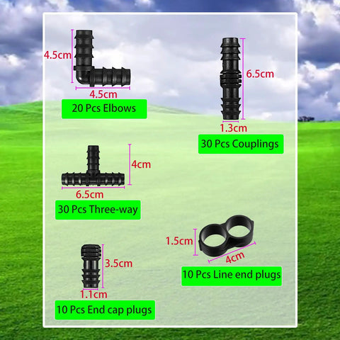 Drip Irrigation Fittings Kit For Half Inch Tubing Includes 20 Elbows, 30 Couplings, 10 End Cap Plugs with measurements