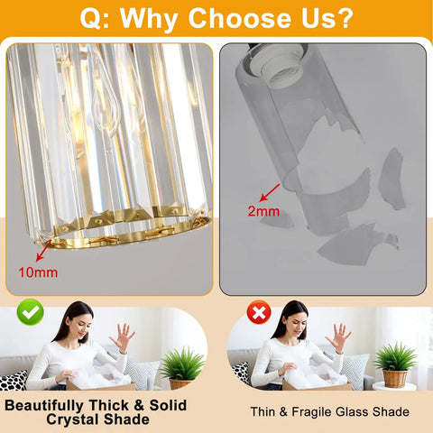 Top Shelf Modern Gold Pendant Lights 2 Pack Adjustable Crystal Chandelier kitchen island fixture showing thick crystal shade detail.
