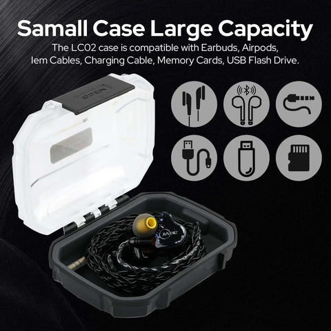 Slick Waterproof Iem Case And Portable Earbud Hard Shell Road Ready Box For In Ear Monitors Plus Cable Organizer with open lid showing IEMs and cable.