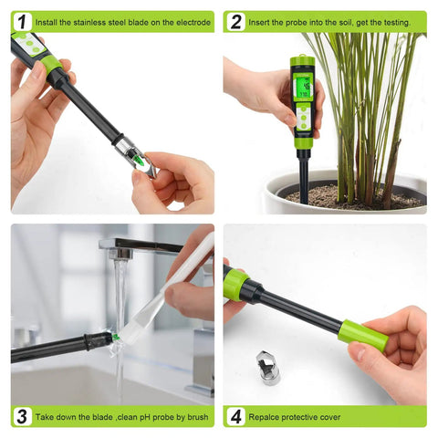 Digital Soil pH Meter for Gardeners, Fast Direct pH Tester demonstrating installation, use in plant soil, cleaning and maintenance steps