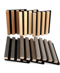 Game Changer Acoustic Wood Slat Wall Panels For Knockout Noise Dampening And Super Modern Room Refresh featuring six bold texture swatches.