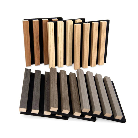 Game Changer Acoustic Wood Slat Wall Panels For Knockout Noise Dampening And Super Modern Room Refresh featuring six bold texture swatches.