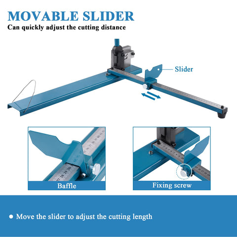 Manual DIN Rail Cutter with Double Groove and 50 CM Scale showing slider, baffle, and fixing screw for precise cutting of rails.