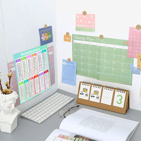 Desk setup with Multiplication Chart Stickers 4 By 5 Inch Large Educational Math Labels For Kids 50 Pack Classroom Posters displayed
