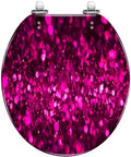 Toilet Seat Round Resin for Bathroom Use, 14.5" x 16.5", pink glitter design, with chrome hinges.