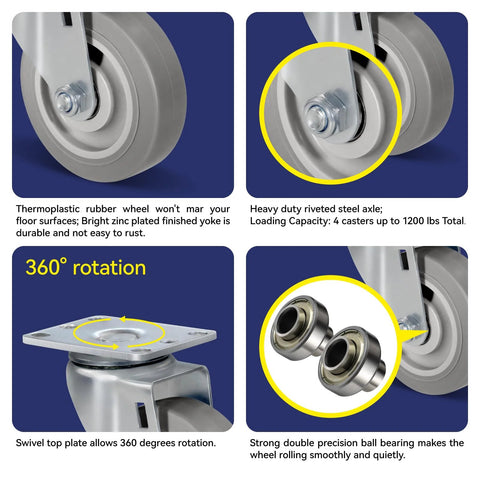 Heavy Duty 4 Inch Caster Wheels Set Of 4 With 1200 Lb Capacity for cart and furniture, details of swivel, rigid castors and bearings.