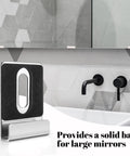 Tough Built Metal Mirror Holder Kit J Type Hanger Clips With Cushioned Rubber Pads And Expansion Anchors For Slick Frameless Glass Wall Mount Setup Bulletproof Silver Display Hardware Brackets supporting a large mirror.