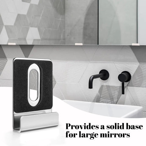 Tough Built Metal Mirror Holder Kit J Type Hanger Clips With Cushioned Rubber Pads And Expansion Anchors For Slick Frameless Glass Wall Mount Setup Bulletproof Silver Display Hardware Brackets supporting a large mirror.