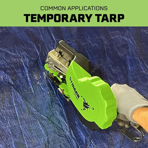 Straight Up Autofeed Cap Staple Hammer Tacker With One Inch Caps And Three Eighth Crown Staples Kick Butt Auto Feed in use on tarp.