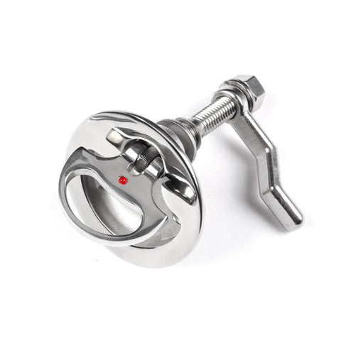 Heavy Duty 316 Marine Stainless Steel Hatch Lift Cam Latch With Flush Pull Handle and Bolts 2 Inch Cutout Deck Gear showing red dot indicator.