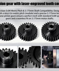 Beefy 0.6M Hardened Steel Pinion Gear Set For 1/10 RC Cars And Trucks 3.175mm Shaft 26T 27T 28T displayed with tooth count