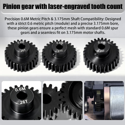 Beefy 0.6M Hardened Steel Pinion Gear Set For 1/10 RC Cars And Trucks 3.175mm Shaft 26T 27T 28T displayed with tooth count