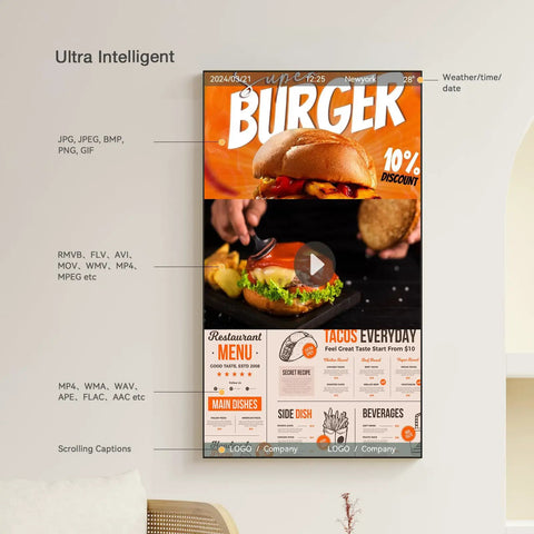 Heavy Duty 100 Inch Digital Signage Display Featuring Kickass 4K Resolution And Ultra Thin Zero Point Six Eight Bezel showing restaurant menu and burger promotions.