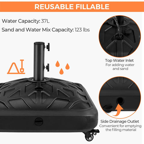 Fillable Mobile Umbrella Base With 4 Wheels 4 Locks 2 Knobs Heavy Duty Patio Umbrella Pole Holder, showing water inlet and outlet