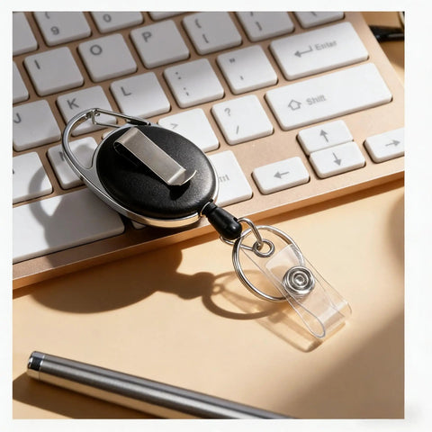 Five Pack Retractable Badge Reels With Carabiner Clip And Key Ring For ID Cards And Keychains Heavy Duty Belt Clip on keyboard