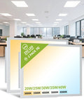 2 Pack 2x2 LED Flat Panel Ceiling Light Duo, 5200 Lumens, 0-10V Dimmable, Five Color Temps 3000K-6500K, Adjustable 20W-40W, in office