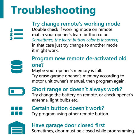 Troubleshooting guide for Universal Garage Door Opener Remote 2 Pack For Sears Craftsman LiftMaster Chamberlain Models 1993 To Present