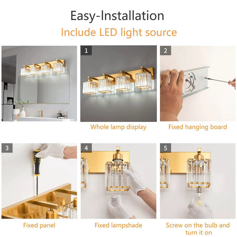 Installation guide for Four Light Vanity Light In Gold Brushed Brass Finish With Clear K9 Crystal For Bathroom Wall Sconce Lighting