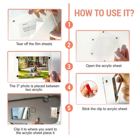 How to use Eight Piece Car Clip Picture Holder Set With Personalized 3 Inch Photo Frames for car sun visor.